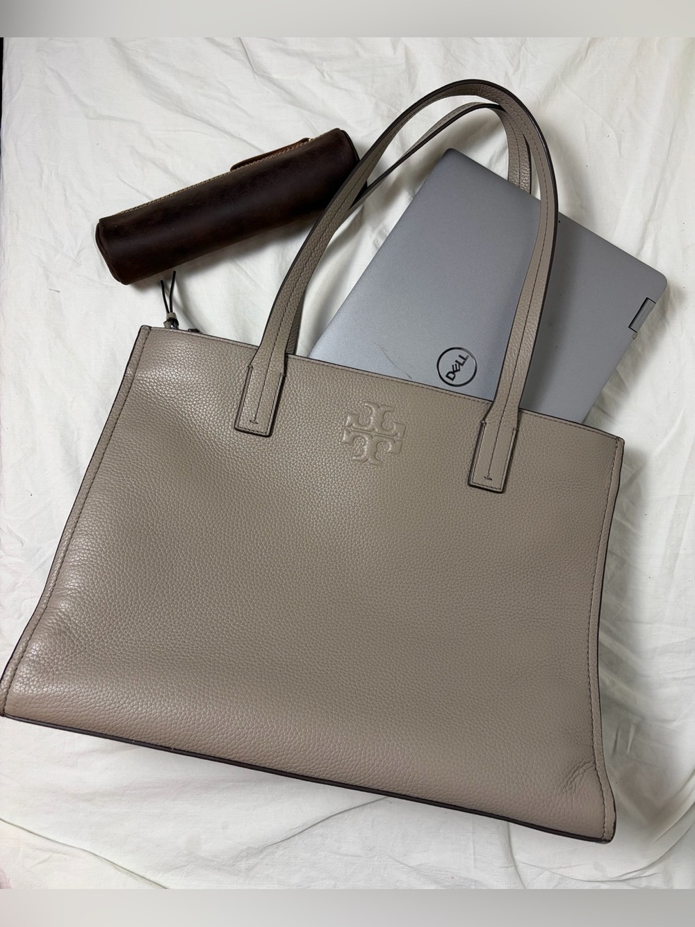 Tory Burch Work Tote Gray Pebble Leather Multi Compartment Laptop Bag